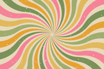 Groovy abstract background with colorful sunburst. Retro vector design in 1960-1970s style. Vintage swirl backdrop. Summer hippie carnival illustration