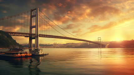 Bosphorus Bridge Connecting Two Continents at Sunset in Istanbul - Generative AI