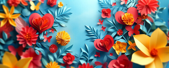 Bright red, yellow and blue floral paper cut setting with flowers and red hearts. Artistic Valentine’s day concept background or wallpaper design. - obrazy, fototapety, plakaty
