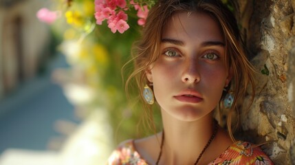 Fototapeta premium A beautiful young woman standing next to a stone wall. Perfect for adding a touch of elegance to any project