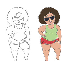 Overweight woman in a swimsuit and sunglasses, sketch and illustration. Body positivity concept. Line art, vector
