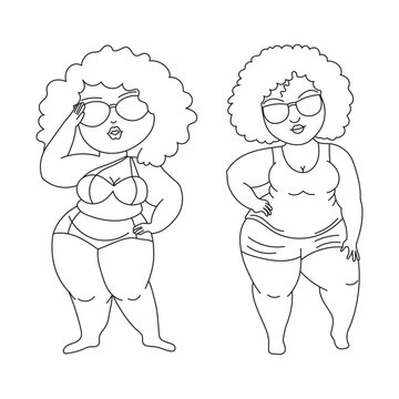 Silhouettes of women in a swimsuit and shorts, set, sketch. Body positivity concept. Line art, vector