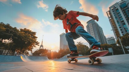 Skateboarder doing a skateboard trick at skate park