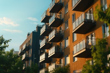 An image of an apartment building with multiple balconies. This picture can be used to showcase urban living or as a representation of modern architecture