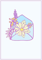 Card (poster) from isolated cute graphic elements of bright colors with a lilac outline on a colored, pastel background. Digital illustration suitable for scrapbooking, branding, social media, print.