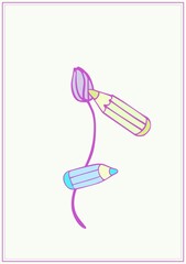 Card (poster) from isolated cute graphic elements of bright colors with a lilac outline on a colored, pastel background. Digital illustration suitable for scrapbooking, branding, social media, print.