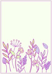 Card (poster) from isolated cute graphic elements of bright colors with a lilac outline on a colored, pastel background. Digital illustration suitable for scrapbooking, branding, social media, print.