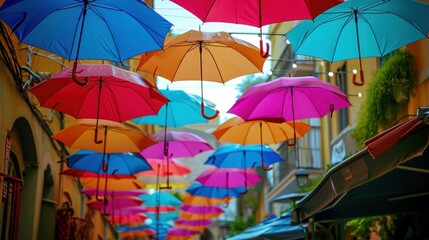 Pedestrian street with colorful multi-colored umbrellas as decoration and protection from the bright sun at noon
