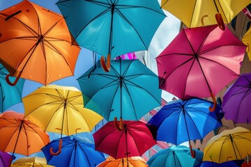 Pedestrian street with colorful multi-colored umbrellas as decoration and protection from the bright sun at noon