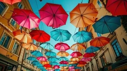 Fototapeta na wymiar Pedestrian street with colorful multi-colored umbrellas as decoration and protection from the bright sun at noon