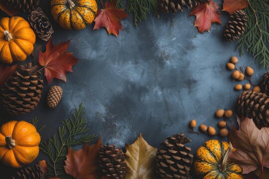 A festive Thanksgiving themed flat lay featuring autumn leaves, pinecones, and decorative pumpkins
