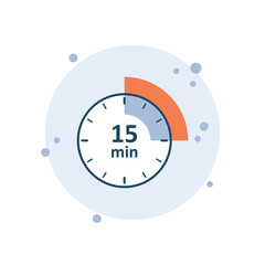 Cartoon clock icon vector illustration. 15 min timer on bubbles background. Countdown sign concept.