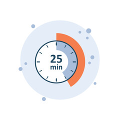 Cartoon clock icon vector illustration. 25 min timer on bubbles background. Countdown sign concept.