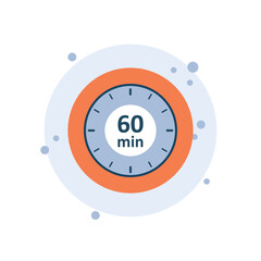 Fototapeta premium Cartoon clock icon vector illustration. 60 min timer on bubbles background. Countdown sign concept.