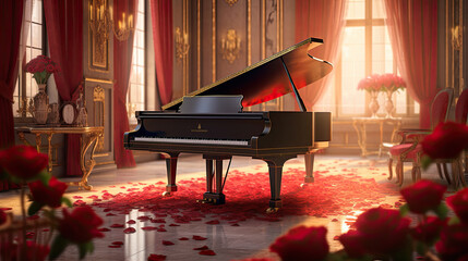 Classical Piano Room Full of Red Roses Illuminated by Sunlight - Generative AI - obrazy, fototapety, plakaty