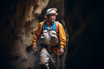 a speleologist exploring a nostrilshaped cave entrance - obrazy, fototapety, plakaty