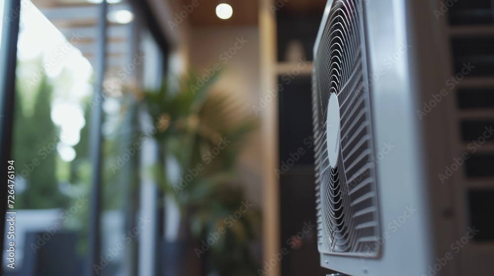Poster an air conditioner positioned in front of a window. ideal for illustrating home cooling solutions