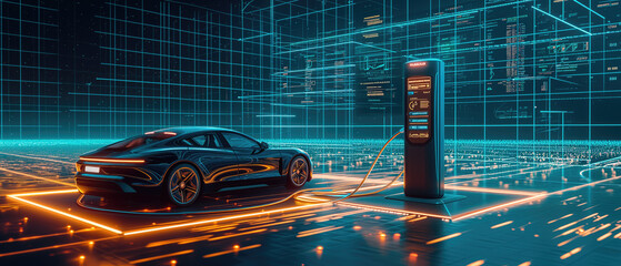 a sleek, black electric car at a charging station, set in a futuristic environment, generative ai
