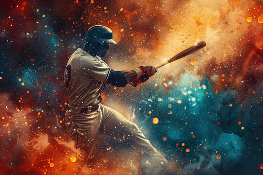 baseball player striking a stellar home run, abstract poster