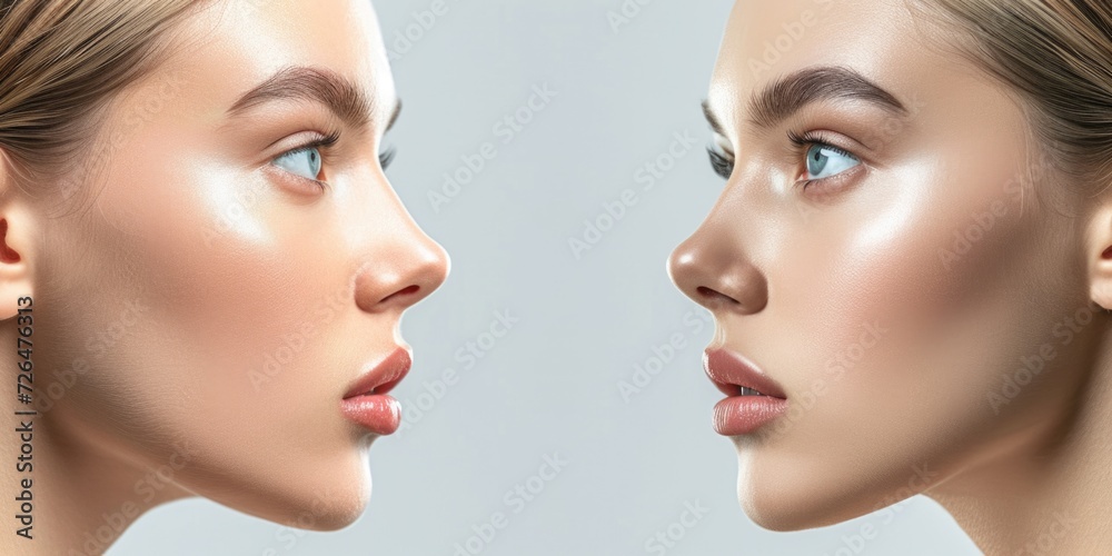 Poster A close-up view of a woman's face captured from two different angles. This image can be used for various purposes