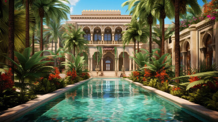 Obraz na płótnie Canvas Luxury Building with Pool Among Palm Trees - Generative AI