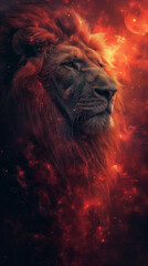 Lion in an abstract space with celestial bodies