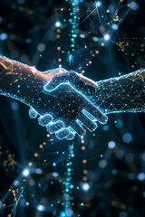 Banner of a digital handshake between two glowing avatars over a network of connected cryptocurrency symbols, symbolizing trust and partnership in digital finance.