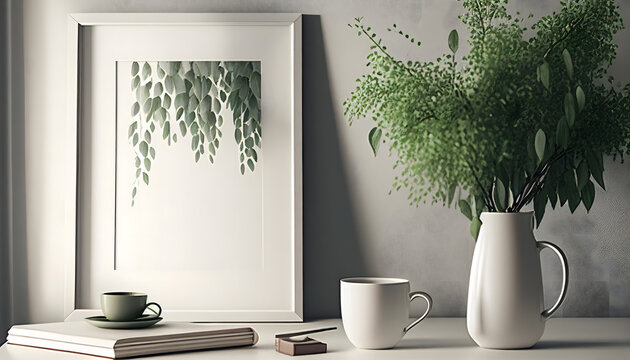  Mediterranean breakfast still life. Cup of coffee, books. Empty wooden picture frame mockup on desk, table. Textured vase with olive branches. Elegant working space, home office. Scan. Generative AI.