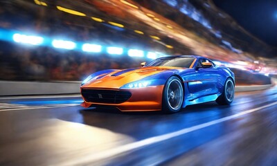 Naklejka premium Sports cars racing, moving towards city