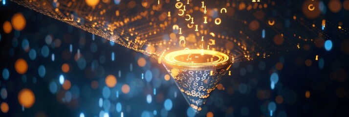 Banner showing a digital rain of cryptocurrency symbols falling into a glowing digital funnel, representing the consolidation and flow of digital assets.