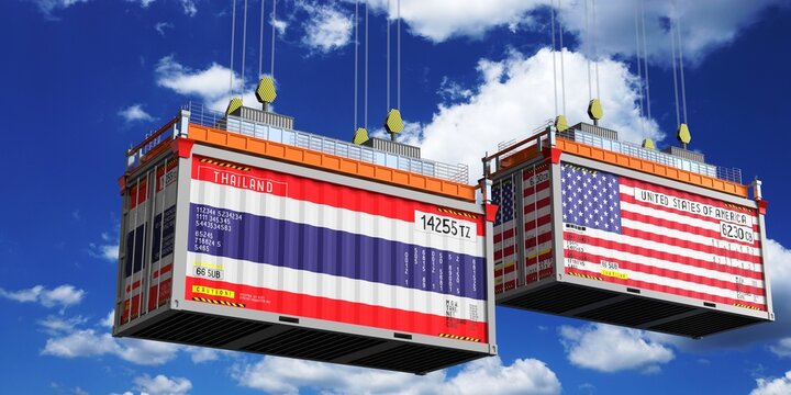 Shipping containers with flags of Thailand and USA - 3D illustration