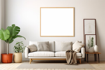 Minimalist Living Room with Plants and Blank Picture Frame - Generative AI