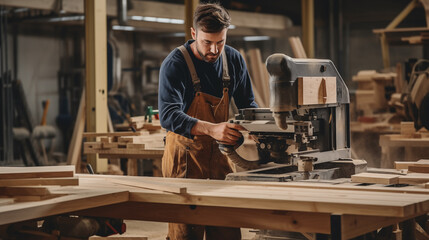 A carpenter is cutting wood with a saw in a workshop