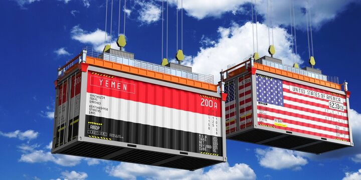 Shipping containers with flags of Yemen and USA - 3D illustration