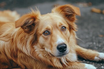 A close-up photo of a dog laying on the ground. Suitable for various uses