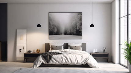Modern Bedroom with Black and White Artwork - Generative AI