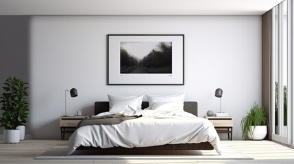 Fototapeta na wymiar Modern Bedroom with Black and White Artwork - Generative AI
