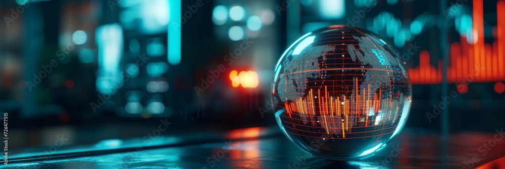 Wall mural conceptual image of a crystal ball with cryptocurrency market predictions and digital graphs inside,
