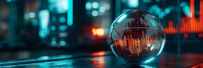 Conceptual image of a crystal ball with cryptocurrency market predictions and digital graphs inside, representing the speculative and predictive nature of the cryptocurrency market.
