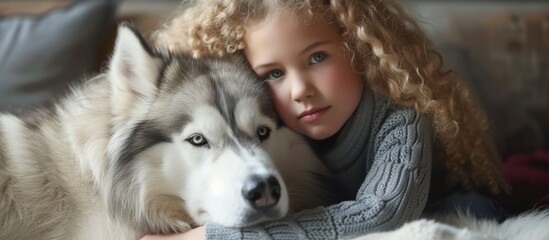 Blond curly-haired girl with malamute dog at home.