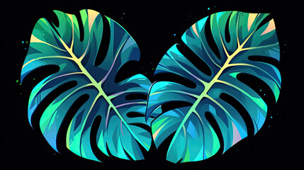 Digital Drawing of Two Monstera Leaves on a Black Background - Generative AI