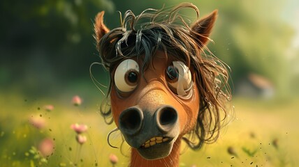 an artificial intelligence portrait of a funny, cute, big-eyed, shaggy-haired horse