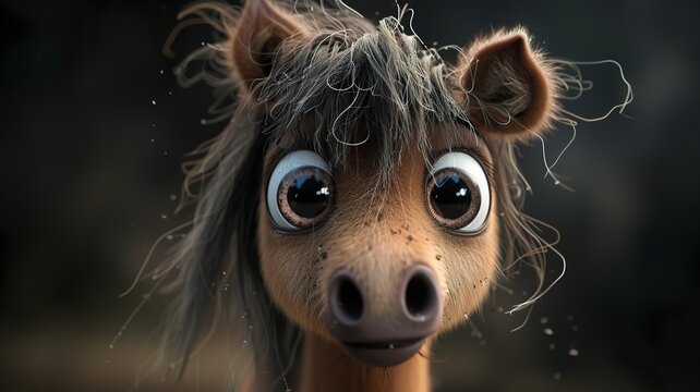 an artificial intelligence portrait of a funny, cute, big-eyed, shaggy-haired horse