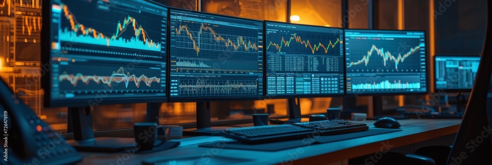 Wall mural image of a sleek, modern workspace with multiple screens displaying cryptocurrency markets, coding s