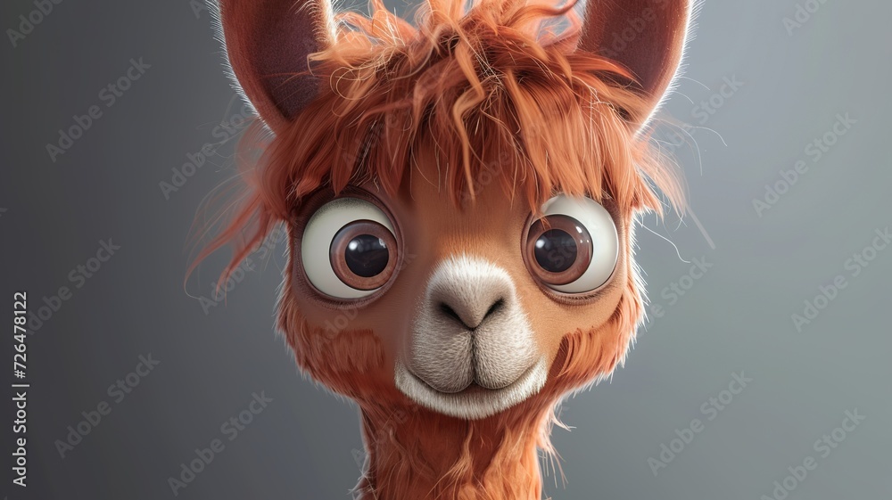 Poster a portrait of a funny, cute, big-eyed, disheveled llama created by artificial intelligence