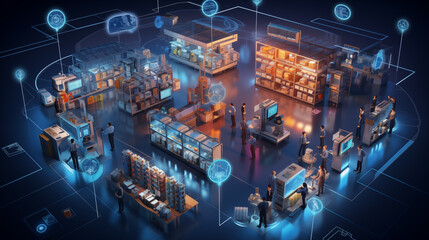 Digital Optics Network in Blue Circuitry, Integration of connected devices to optimize production, maintenance, inventory