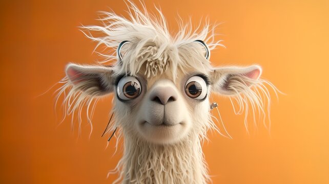 a portrait of a funny, cute, big-eyed, disheveled llama created by artificial intelligence