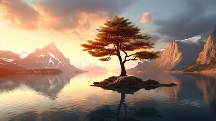 Sunset Over a Lake with a Tree on a Rock - Generative AI - obrazy, fototapety, plakaty