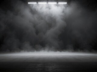  a dramatic scene of thick, swirling smoke under intense, bright lights in a dark room.