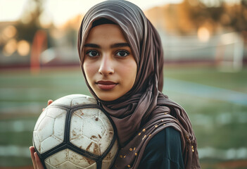 A Muslim young woman in a hijab with a football. Portrait of an Islamic woman doing sports in close-up. Photorealistic background with bokeh effect. 